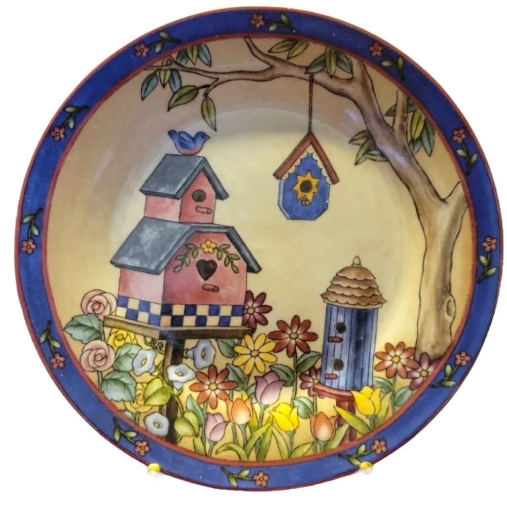 Vtg Plates Bird House Flowers Tree Leaves